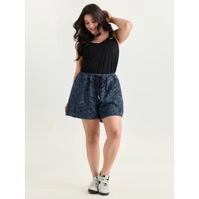Bloomchic Women's Plus Size Paisley Print Drawstring Straight-leg Denim Shorts Denimindigo Low Stretch Casual 
