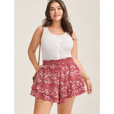 Bloomchic Women's Plus Size Paisley Print Flared Wide-leg Shorts Crimson Vacation Wide Leg Lace-up Shorts 10/m In Red