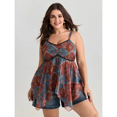 Bloomchic Women's Plus Size Paisley Print Handkerchief Hem Tank Top Multicolor Vacation Fitted Fit & Flare V-n