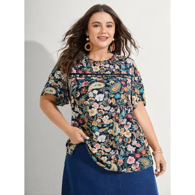 Bloomchic Women's Plus Size Paisley Print Lace Ruffled Blouse Indigo Paisley Vacation Short Sleeve 30/6x In Purple