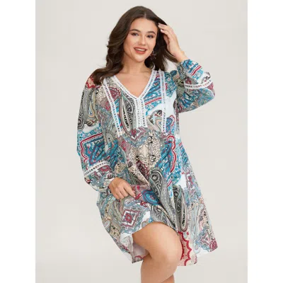 Bloomchic Women's Plus Size Paisley Print Lace Trim Midi Dress Multicolor Bohemian Print Short Vacation Elasti