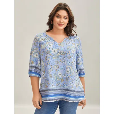 Bloomchic Women's Plus Size Paisley Print Lantern Sleeve Flowy Blouse Lavender Floral Vacation 3/4 Sleeve V-ne In Purple