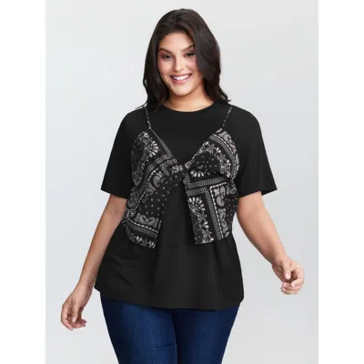 Bloomchic Women's Plus Size Paisley Print Layered Stretchy Knit Top Black Short Sleeve Casual 10/m