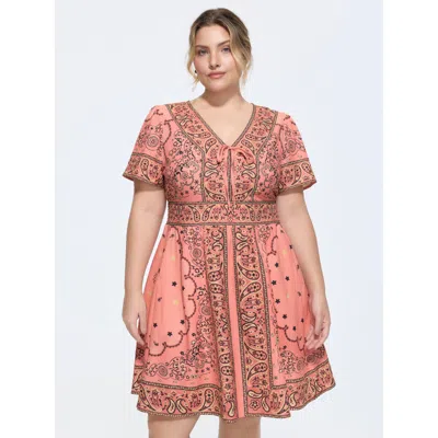 Bloomchic Women's Plus Size Paisley Print Neck-tie Shirred Mini Dress Beanpastepowder Ethnic Floral Midi Elega