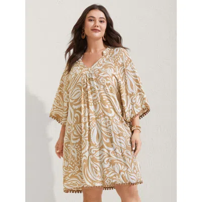 Bloomchic Women's Plus Size Paisley Print Notched Collar Lace Midi Dress Lightbrown Paisley Short Vacation Lac In Brown