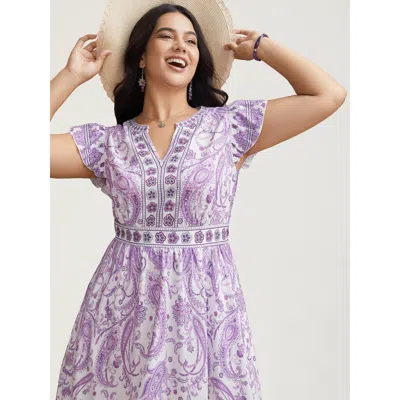 Bloomchic Women's Plus Size Paisley Print Notched Collar Ruffled Midi Dress Mauve Bohemian Print Midi Vacation In Purple