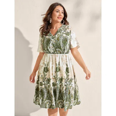 Bloomchic Women's Plus Size Paisley Print Notched Neckline Midi Dress Truegreen Bohemian Print Midi Vacation N