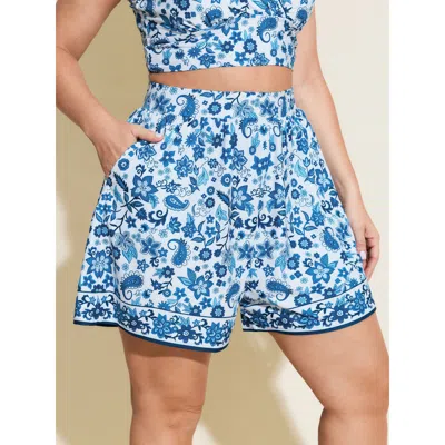 Bloomchic Women's Plus Size Paisley Print Pockets Relaxed-fit Swim Bottoms Skyblue Floral Cropped Non Elastic  In Blue