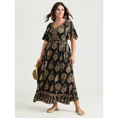 Bloomchic Women's Plus Size Paisley Print Pockets Shirred Waist Maxi Dress Blackflower Ethnic Floral Longline 