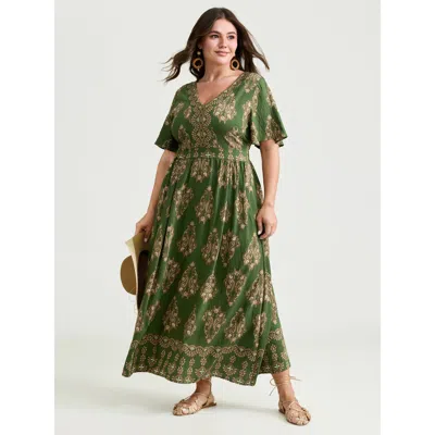 Bloomchic Women's Plus Size Paisley Print Pockets Shirred Waist Maxi Dress Emerald Ethnic Floral Longline Vaca In Green