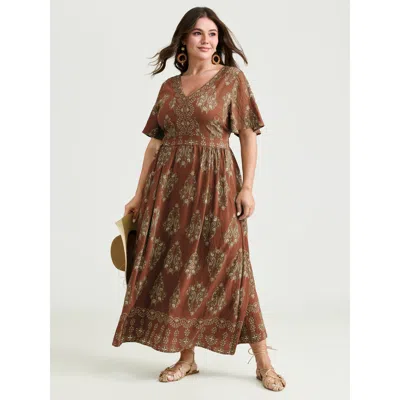 Bloomchic Women's Plus Size Paisley Print Pockets Shirred Waist Maxi Dress Yellowishbrown Ethnic Floral Longli