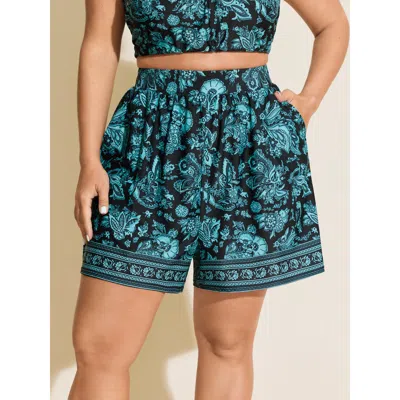 Bloomchic Women's Plus Size Paisley Print Pockets Swim Bottoms Black Floral Cropped Non Elastic Waist 10/m