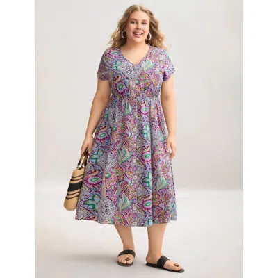 Bloomchic Women's Plus Size Paisley Print Pockets V-neck Midi Dress Magenta Graphic Midi Vacation Twist 26/4x In Purple