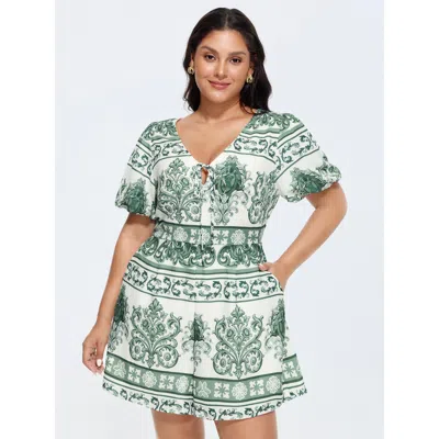 Bloomchic Women's Plus Size Paisley Print Pockets Wide-leg Romper Teal Elegant Fitted 12/l In Blue