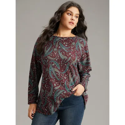 Bloomchic Women's Plus Size Paisley Print Round Neck Slightly Stretchy T-shirt Burgundy Dailywear Long Sleeve 