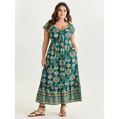 Bloomchic Women's Plus Size Paisley Print Ruched Adjustable Bodice Maxi Dress Emerald Marine Elements Maxi Vac In Green