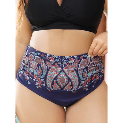 Bloomchic Women's Plus Size Paisley Print Ruched Front Swim Bottom Navy Gathered 28/5x In Blue