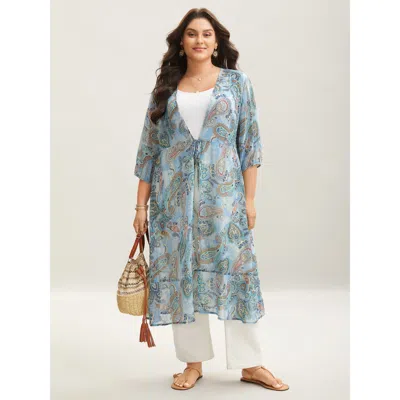 Bloomchic Women's Plus Size Paisley Print Sheer Tied Kimono Cardigan Lightblue Bowknot Fit & Flare 12/l In Blue