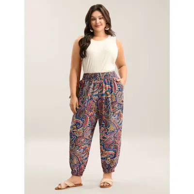 Bloomchic Women's Plus Size Paisley Print Shirred Waist Jogger Pants Indigo Paisley Jogger Mid Rise Vacation 1 In Purple