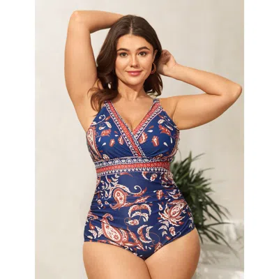 Bloomchic Women's Plus Size Paisley Print Surplice One-piece Swimsuit Indigo Bohemian Print Adaptive-fit 28/5x In Purple