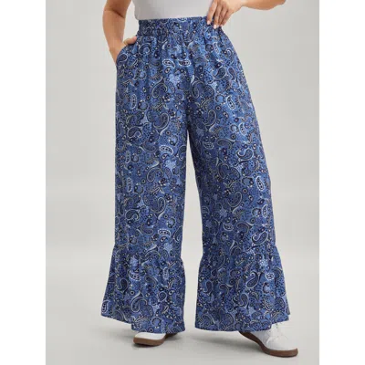 Bloomchic Women's Plus Size Paisley Print Tiered Hem Wide-leg Pants Darkblue Paisley Wide Leg Mid Rise Casual  In Blue