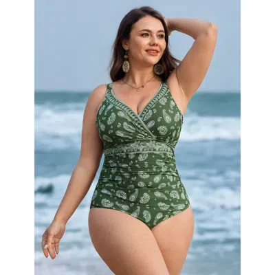 Bloomchic Women's Plus Size Paisley Print Tummy-control Pleats One-piece Swimsuit Armygreen Paisley Gathered A