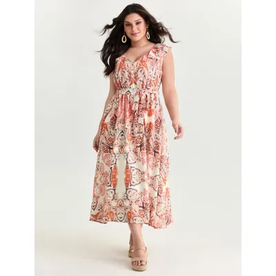 Bloomchic Women's Plus Size Paisley Print Waist-tie Flowy Midi Dress Multicolor Bohemian Print Midi Vacation B