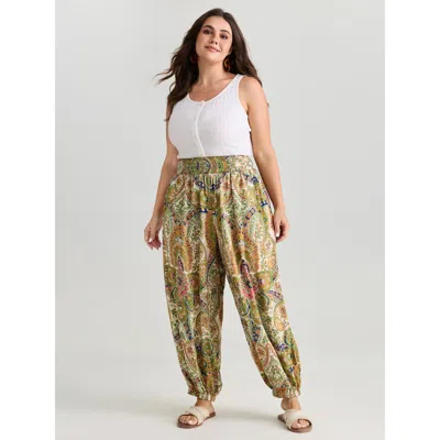 Bloomchic Women's Plus Size Paisley Print Wide Waistband Jogger Pants Multicolor Jogger High Rise Vacation 12/