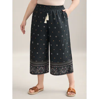 Bloomchic Women's Plus Size Paisley Print Wide-leg Airy Pants Blackflower Bohemian Print Wide Leg Mid Rise Vac