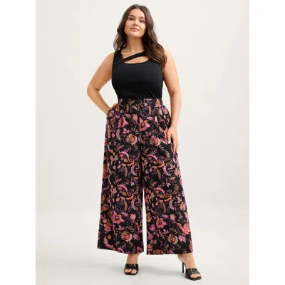 Bloomchic Women's Plus Size Paisley Print Wide-leg Pants Blackflower Floral Wide Leg Mid Rise Elegant 12/l