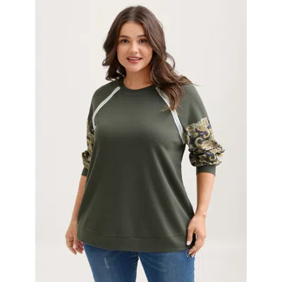 Bloomchic Women's Plus Size Paisley Sleeve Textured Contrast Sweatshirt Armygreen Casual 10/m