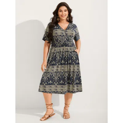 Bloomchic Women's Plus Size Paisley Stripe Print Pleated Waist Midi Dress Indigo Paisley Midi Vacation Overlap In Purple