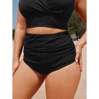 Bloomchic Women's Plus Size Paisley Textured High-waisted Bikini Bottoms Black Solid Cropped Cable Knit Elasti