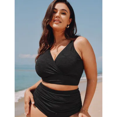 Bloomchic Women's Plus Size Paisley Textured Surplice Neckline Bikini Top Black Solid Sleeveless Cable Knit Ad