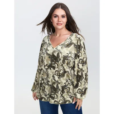 Bloomchic Women's Plus Size Paisley Velvety Print Lantern Sleeve Blouse Beige Paisley Office Extra Long Sleeve In Sand
