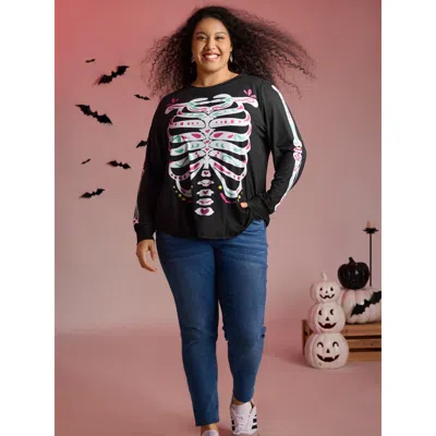Bloomchic Women's Plus Size Party Skeleton Print Knit Halloween T-shirt Black Non Casual Long Sleeve 10/m