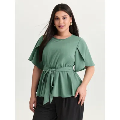 Bloomchic Women's Plus Size Pastel Flowy Petal Sleeve Tie Blouse Mint Non Office Round Neck 10/m In Green