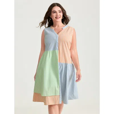 Bloomchic Women's Plus Size Pastel Stripe Collage Print Layered Mini Dress Lightblue Plaid Knee Casual Gathere In Blue