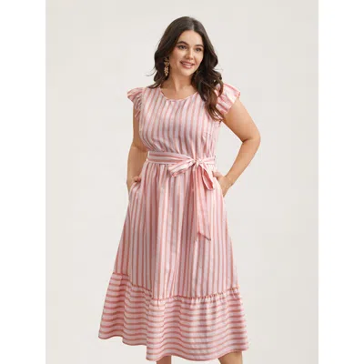 Bloomchic Women's Plus Size Pastel Stripes Belted Pockets Midi Dress Multicolor Stripes Midi Elegant Ruffles 3