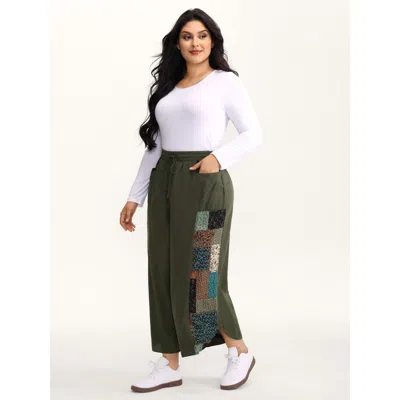 Bloomchic Women's Plus Size Patch Print Drawstring Wide-leg Pants Armygreen Floral Wide Leg Mid Rise Casual 10