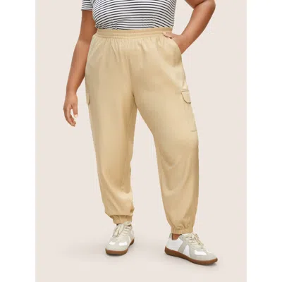 Bloomchic Women's Plus Size Patched Pocket Elastic Waist Tapered Pants Tan Non Tapered Ankle High Rise Everyda In Brown