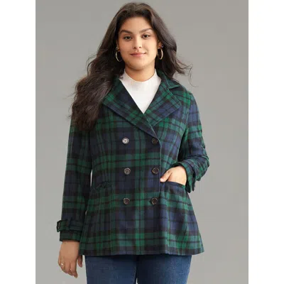 Bloomchic Women's Plus Size Patched Pocket Plaid Double Breasted Coat Darkgreen Lined 30/6x In Green