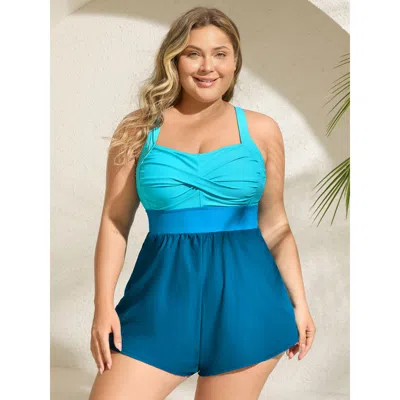 Bloomchic Women's Plus Size Patchwork Contrast Crossover One Piece Swimsuit Arctic Color Block Colorblock Adap In White