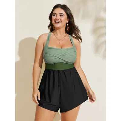 Bloomchic Women's Plus Size Patchwork Contrast Crossover One Piece Swimsuit Armygreen Color Block Colorblock A