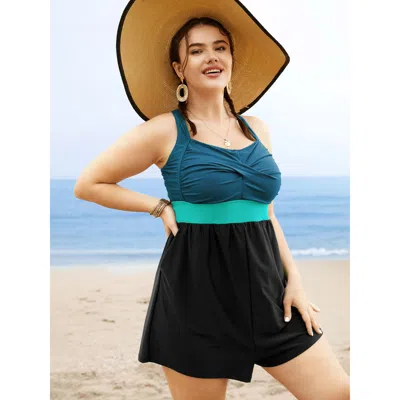 Bloomchic Women's Plus Size Patchwork Contrast Crossover One Piece Swimsuit Cyan Color Block Colorblock Adapti In Blue