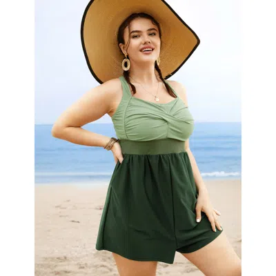 Bloomchic Women's Plus Size Patchwork Contrast Crossover One Piece Swimsuit Lightgreen Color Block Colorblock 