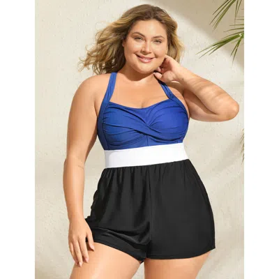 Bloomchic Women's Plus Size Patchwork Contrast Crossover One Piece Swimsuit Mediumblue Color Block Colorblock 
