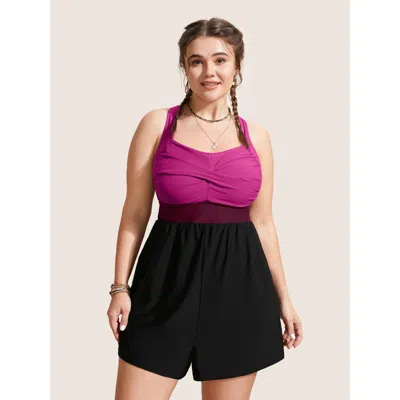 Bloomchic Women's Plus Size Patchwork Contrast Crossover One Piece Swimsuit Rosered Color Block Colorblock Ada