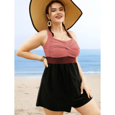 Bloomchic Women's Plus Size Patchwork Contrast Crossover One Piece Swimsuit Rust Color Block Colorblock Adapti In Brown