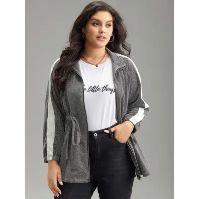 Bloomchic Women's Plus Size Patchwork Contrast Trim Drawstring Zipper Jacket Dimgray Colorblock 14-16/1x